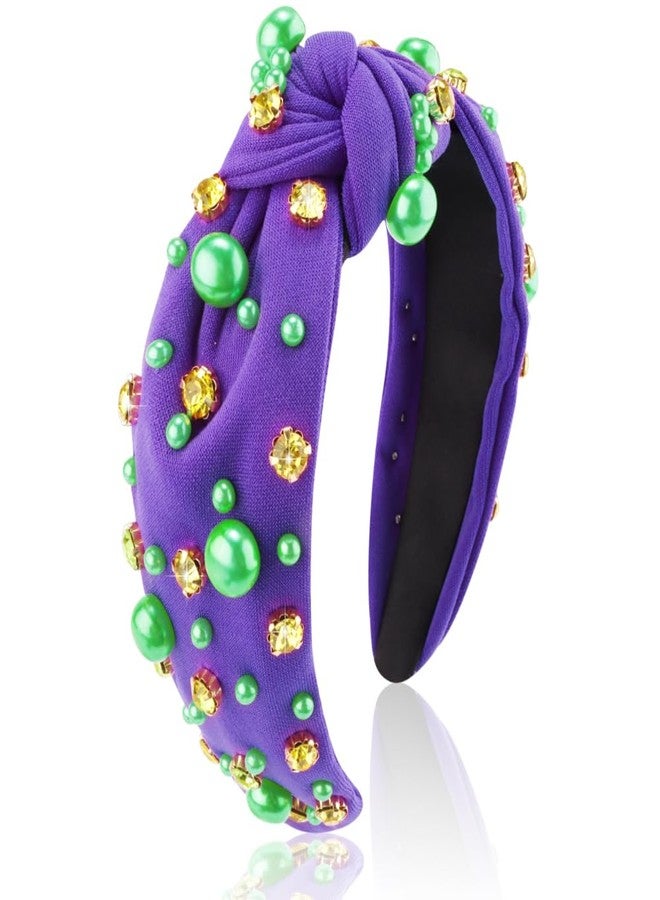 AHONEY Mardi Gras Headband for Women Girls Purple Green Gold Pearl Rhinestone Jeweled Knotted Cloth Hairband Carnival Wide Knot Head Band Mardi Gras Outfit for Women's Hair Accessories - Image 1